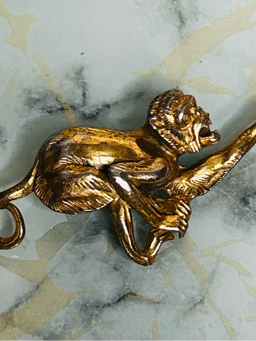 Unique Vintage brass gibbon monkey Pendant Brooch Goldtone Heavy Metal